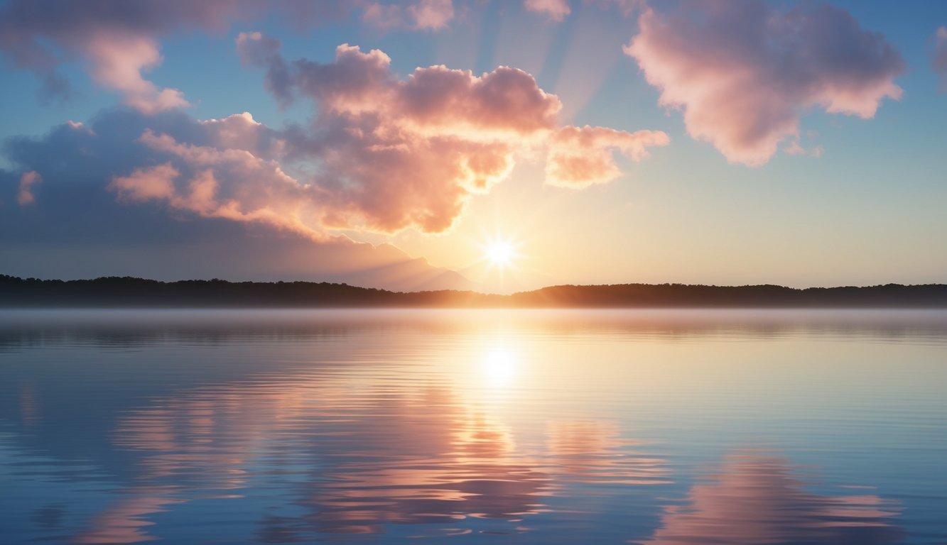 A sunrise over a calm, still lake, with rays of light breaking through the clouds, symbolizing hope and new beginnings