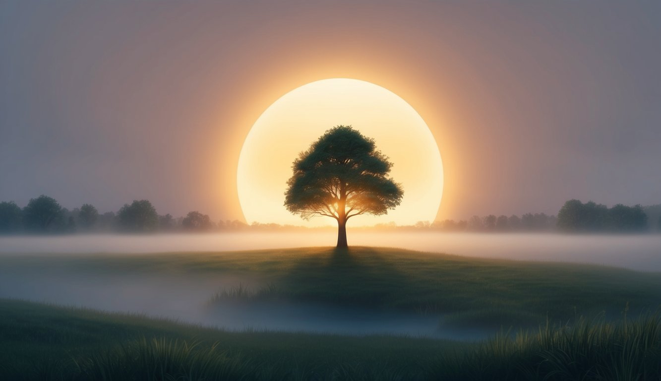 A glowing sunrise over a calm, misty landscape with a single tree standing tall, representing hope and steadfastness