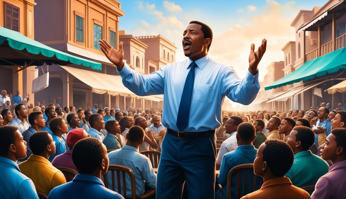 A preacher stands before a crowd, gesturing passionately as he delivers a message.</p><p>The setting is a bustling marketplace with buildings in the background