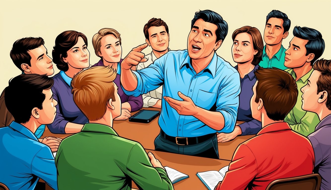 A group of people gathered around a teacher, listening intently as he speaks.</p><p>The teacher gestures with passion, while the listeners nod in agreement