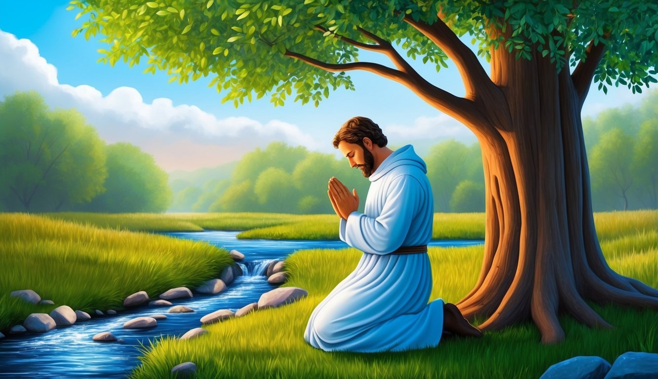 A figure kneeling in prayer under a tree, while a stream flows nearby