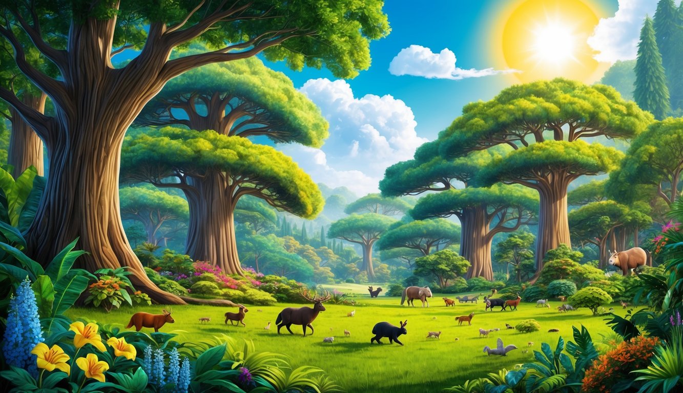 A lush, vibrant forest with towering trees, colorful flowers, and various animals roaming freely under a bright, sunny sky