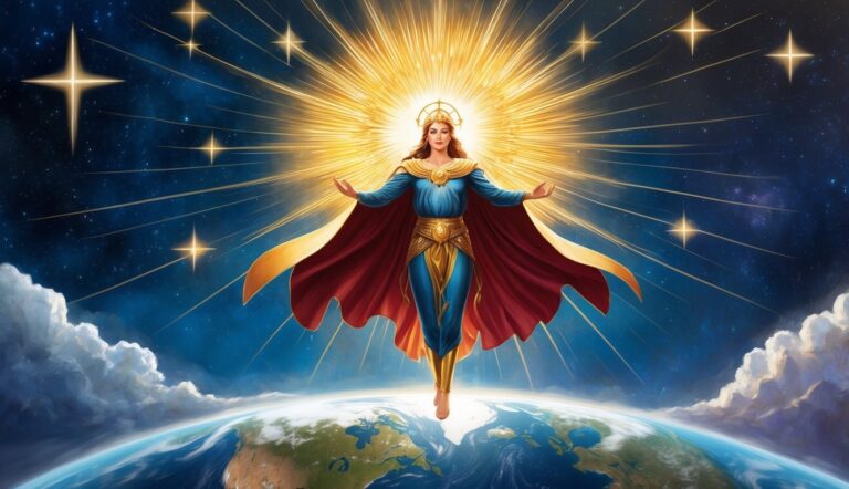 Woman with halo and cape over Earth, surrounded by stars and light