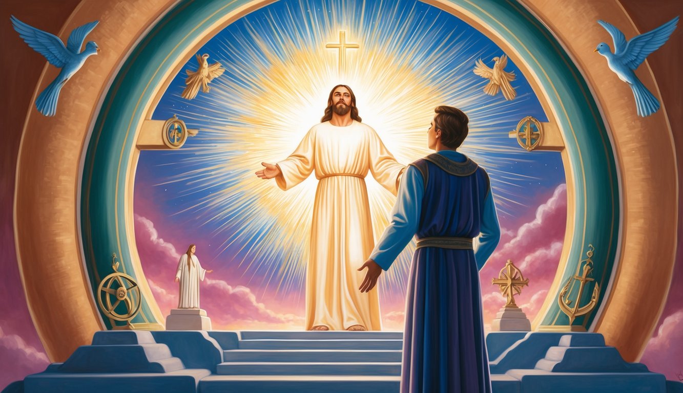 A figure standing in awe before a radiant, celestial presence, surrounded by symbols of faith and obedience