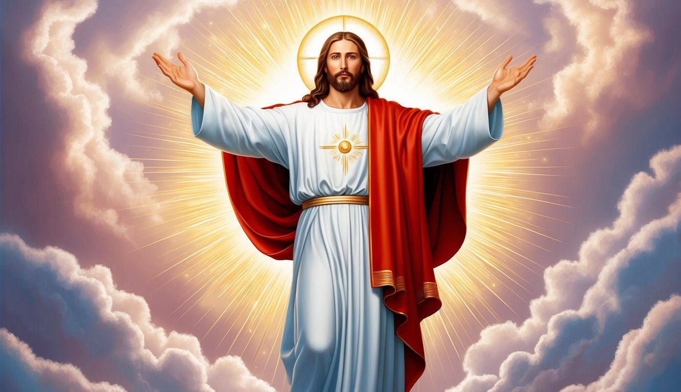 A radiant figure surrounded by light, with arms outstretched in glory and salvation