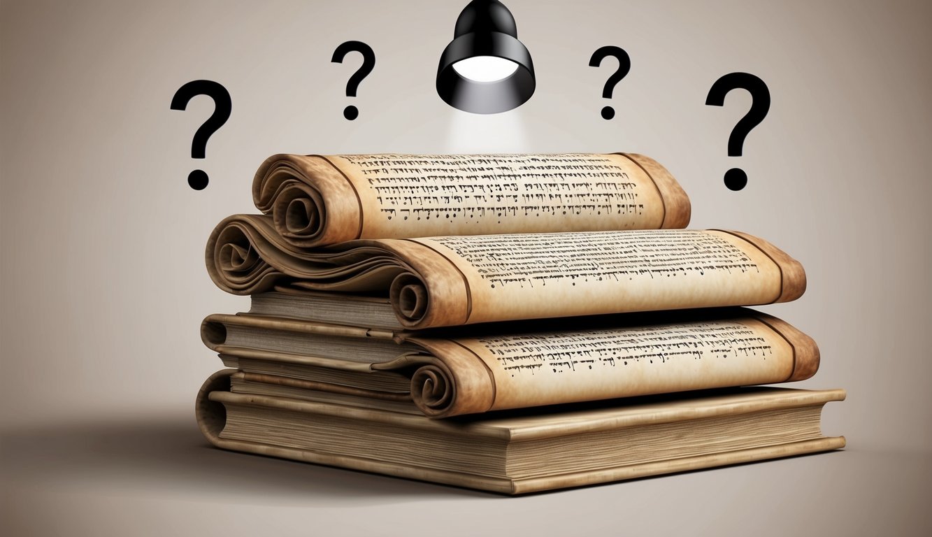 A stack of open scrolls with Hebrew text, surrounded by question marks and a spotlight shining down