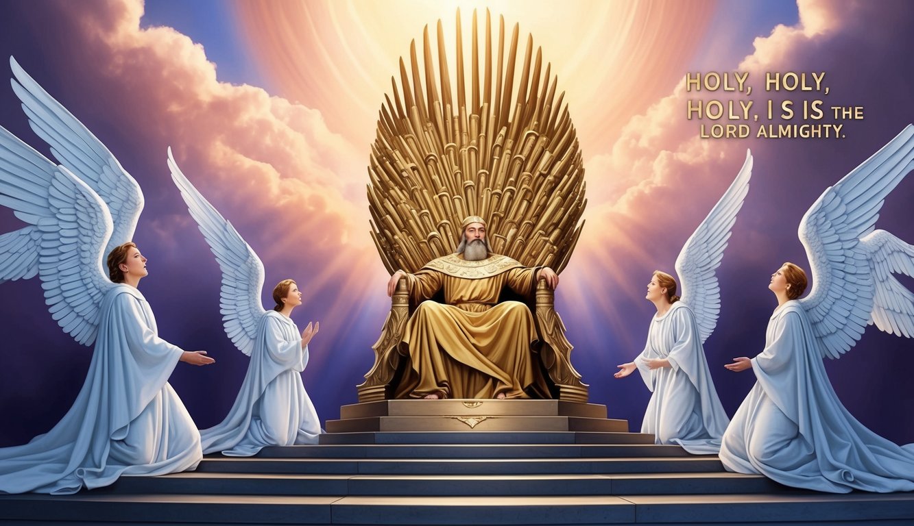 A majestic throne surrounded by six-winged seraphim, with one calling out "Holy, holy, holy is the Lord Almighty."