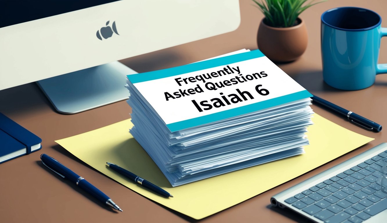 A stack of papers with the title "Frequently Asked Questions isaiah 6" surrounded by a computer, pen, and mug on a desk