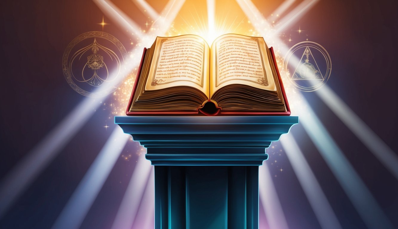 A glowing, ancient book sits atop a pedestal, surrounded by beams of light and symbols of wisdom and spirituality