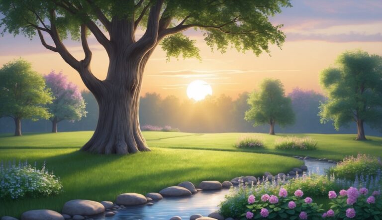 Scenic landscape with a large tree, stream, and sunset
