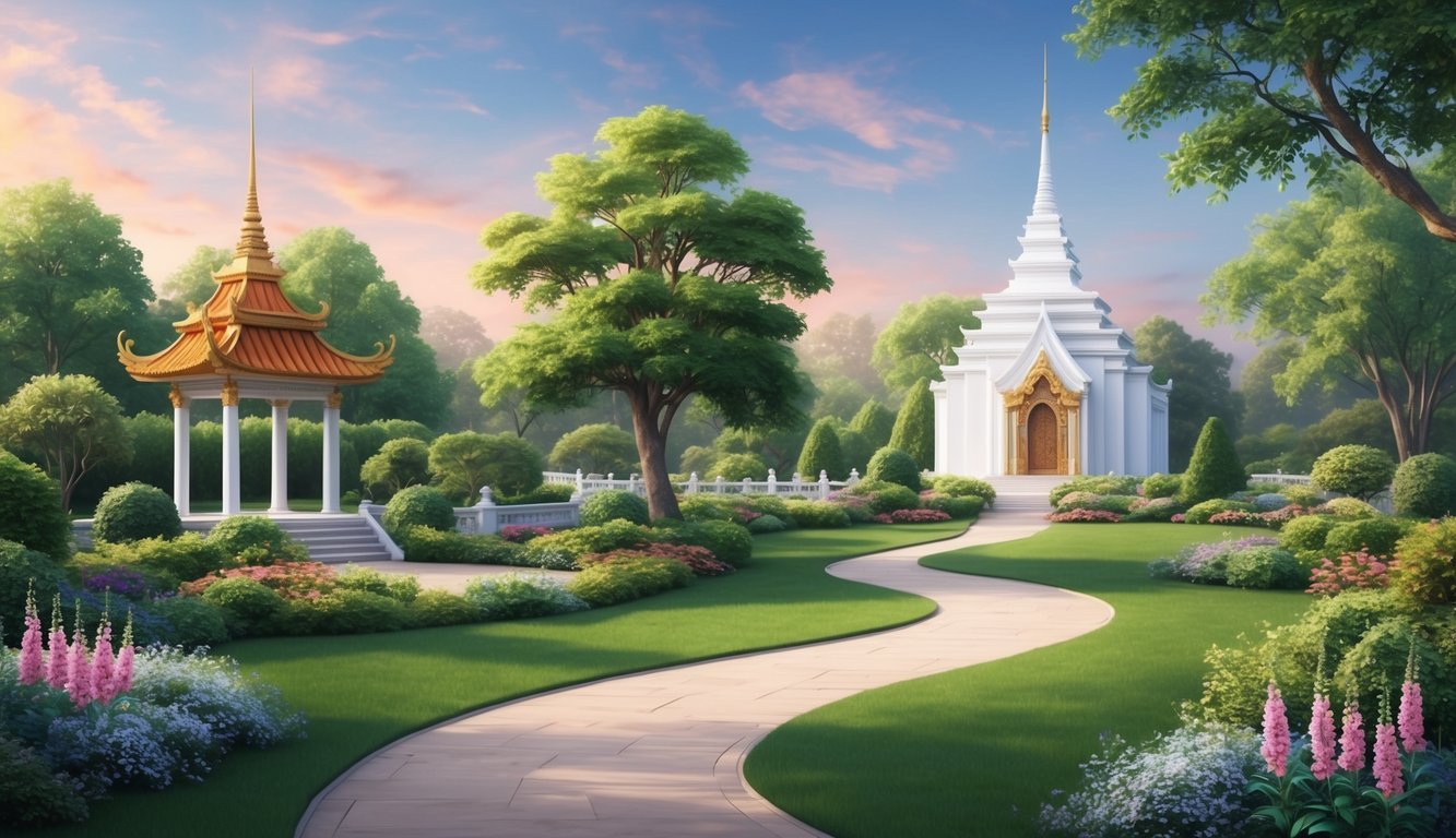 A serene garden with a winding path leading to a peaceful temple, surrounded by lush greenery and blooming flowers