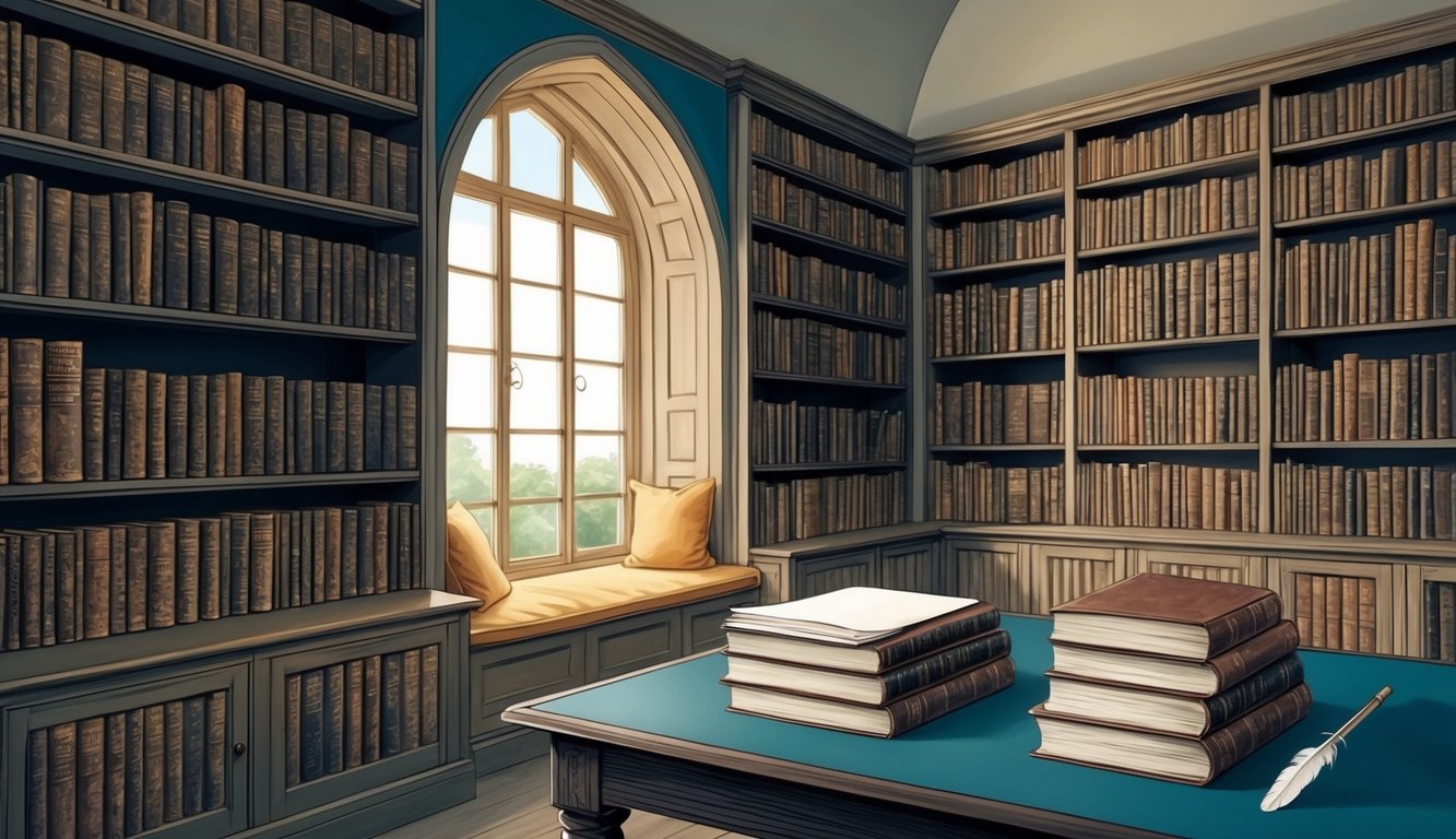 A serene library with shelves of old books, a cozy reading nook, and a table with a stack of papers and a quill pen