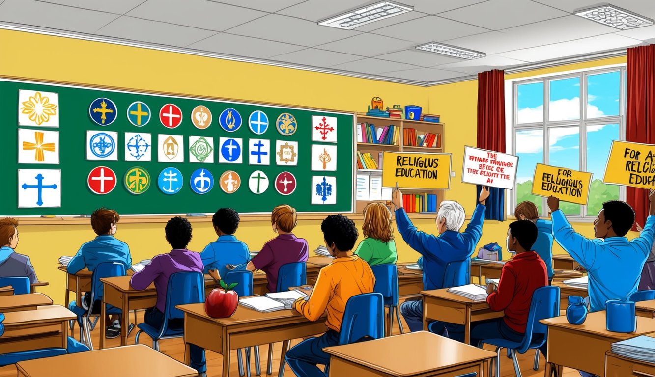 A classroom with diverse religious symbols on the walls, while outside, protestors hold signs advocating for or against religious education