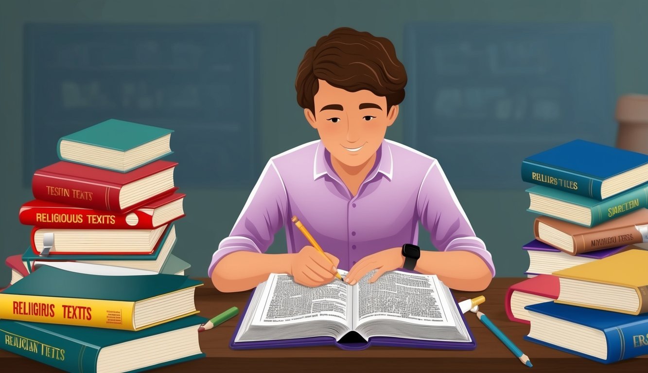 A person studying religious texts while surrounded by textbooks and educational materials