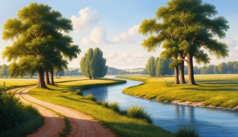 Scenic landscape with a winding river, trees, dirt road, and blue sky