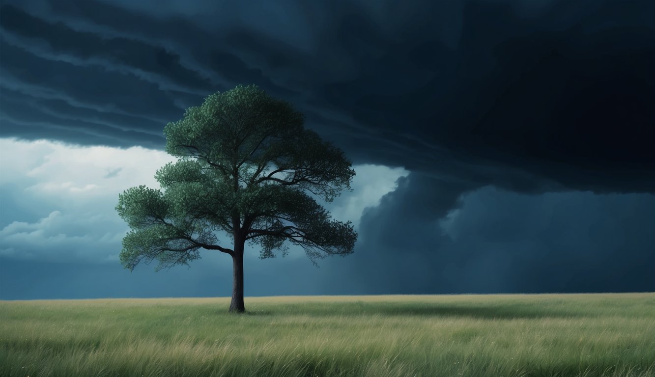 A dark, stormy sky looms over a peaceful meadow, where a lone tree stands, its branches reaching towards the heavens