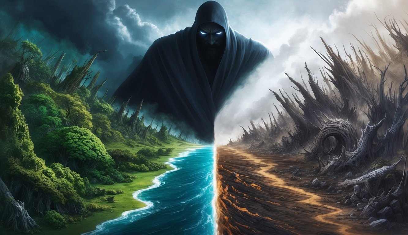 A dark figure looms over a world split in two, one side lush and vibrant, the other barren and desolate, with a sense of conflict and struggle in the air