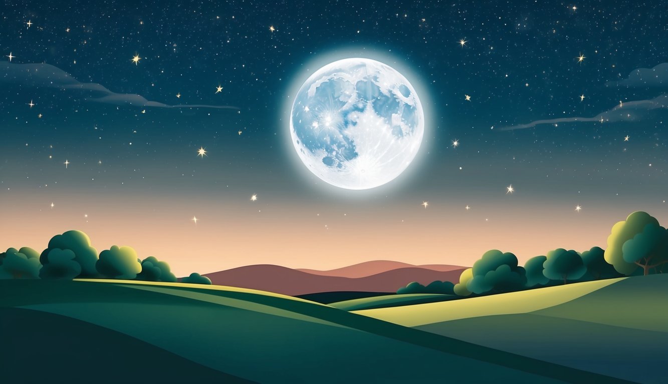 A serene, starlit sky with a glowing moon, casting shadows on a peaceful landscape