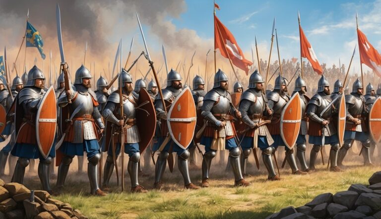 Medieval soldiers in armor, shields, and spears marching with flags