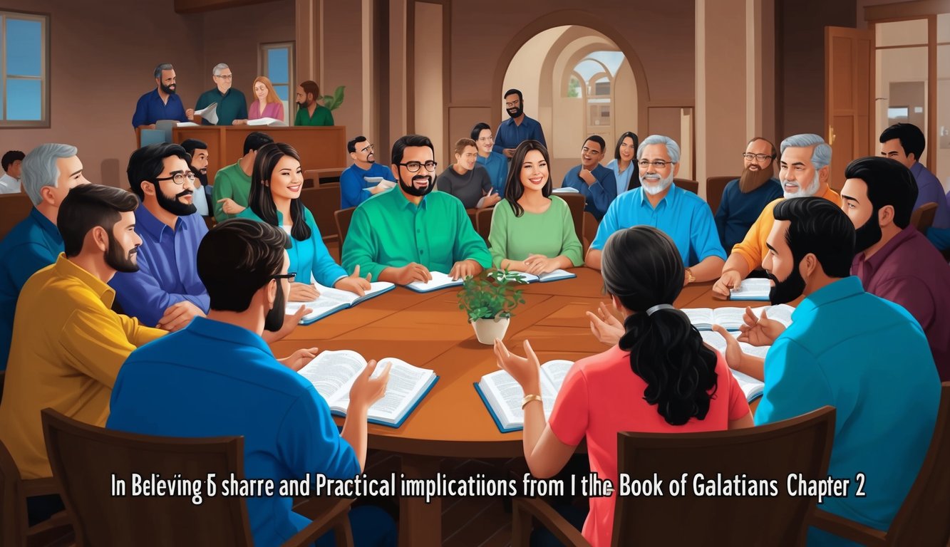 A group of believers gather in a meeting, discussing and sharing practical implications from the book of Galatians chapter 2