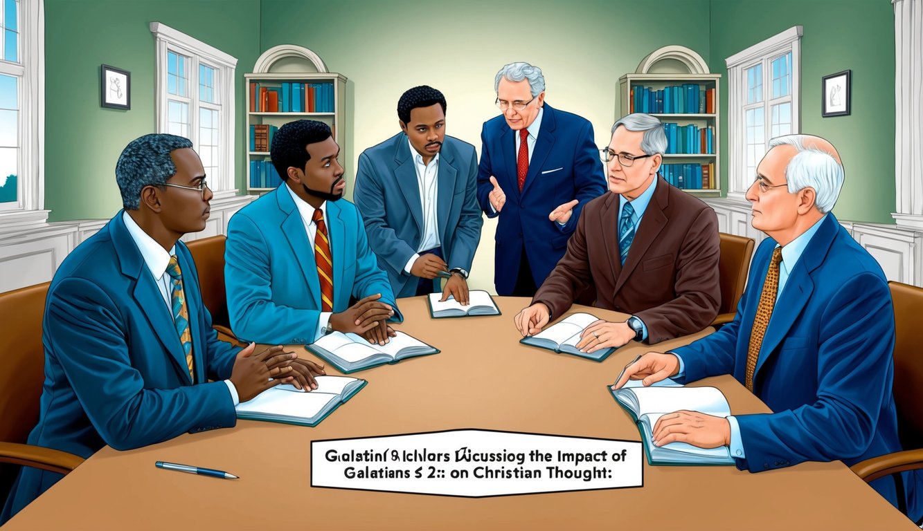 A group of scholars discussing and debating the impact of Galatians 2 on Christian thought