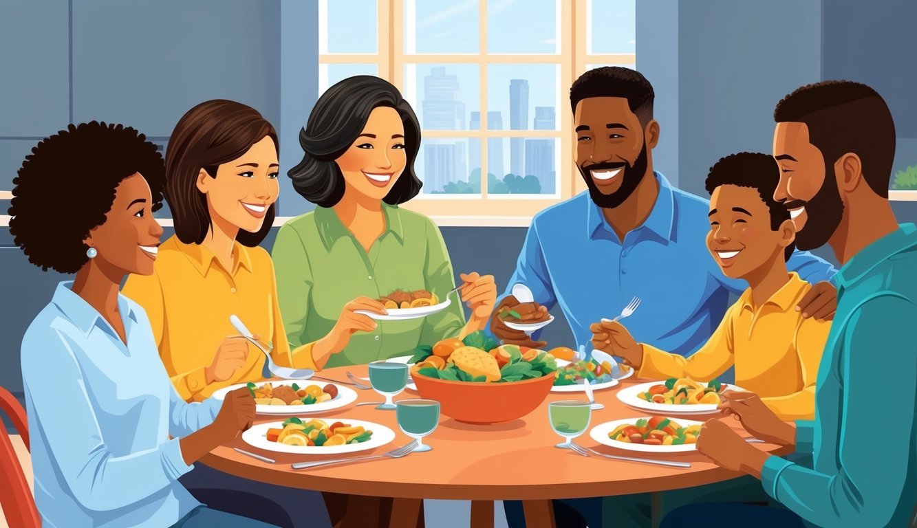 A family gathering around a table, sharing a meal and engaging in conversation.</p><p>Smiles and laughter indicate a strong bond and positive social relationships