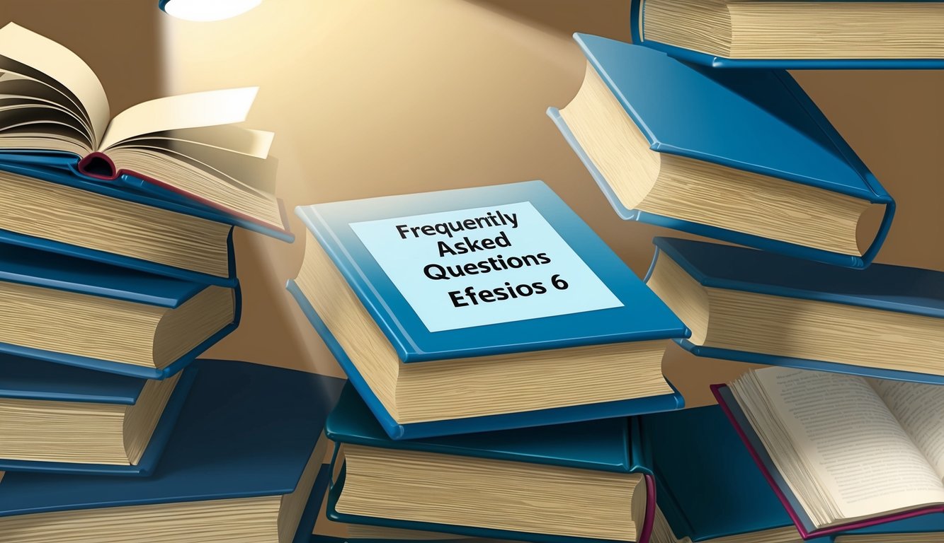 A stack of open books with a spotlight shining on the title "Frequently Asked Questions efesios 6" on one of them