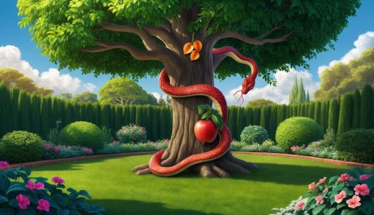 Tree with a red snake, apple, and garden scene