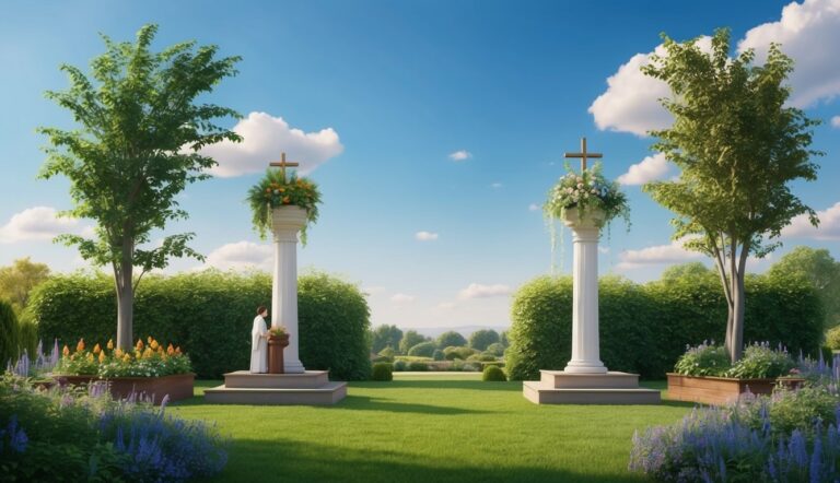 Two columns with crosses, flowers, and a person in a garden setting