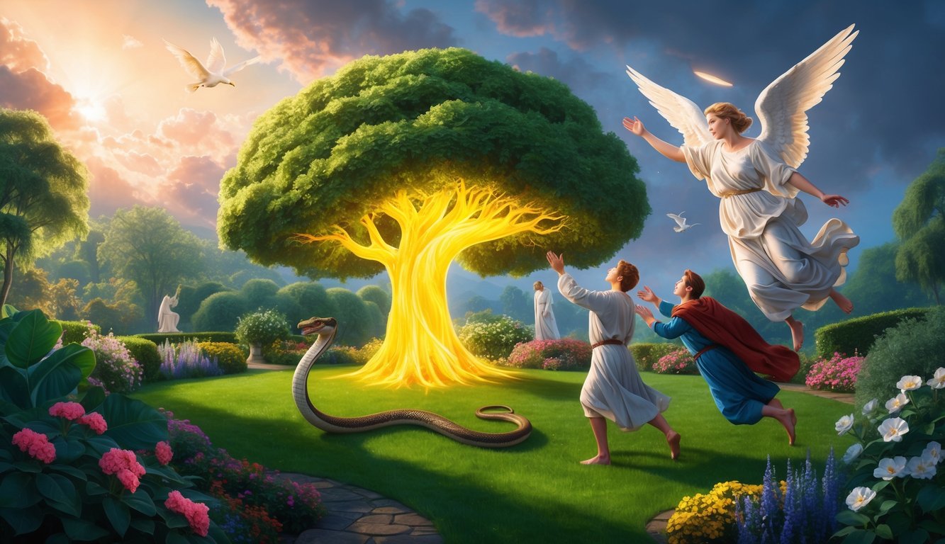 A lush garden with a glowing tree, a serpent, and a pair of figures being expelled by an angelic being