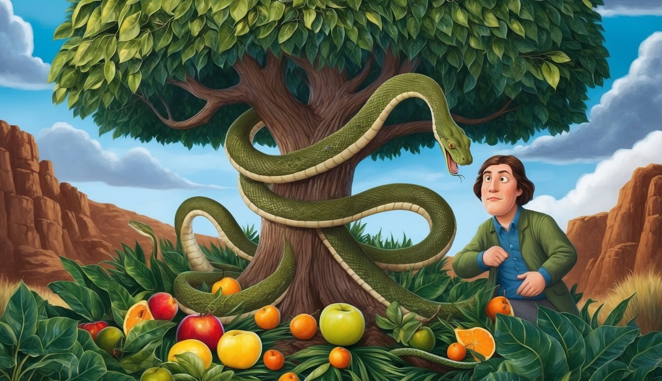 A tree with a serpent coiled around it, surrounded by various fruits and a figure looking perplexed