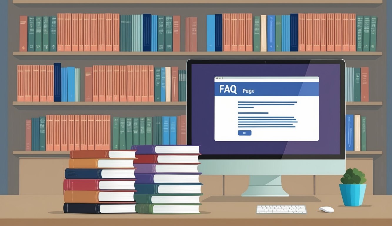 A bookshelf with neatly organized volumes and a computer screen displaying a FAQ page