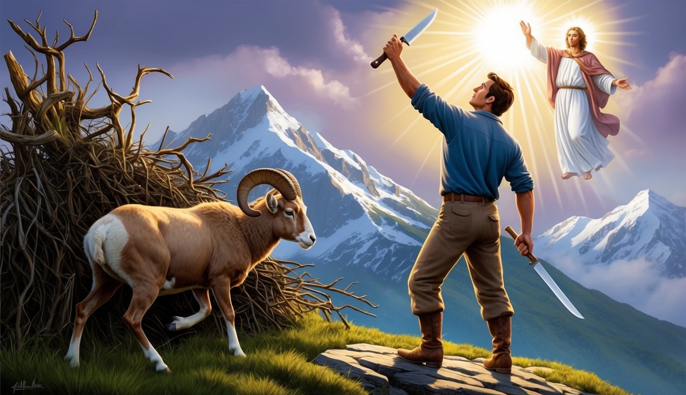 A man stands on a mountain, raising a knife above a ram caught in a thicket.</p><p>A divine figure watches from above, shining light upon the scene