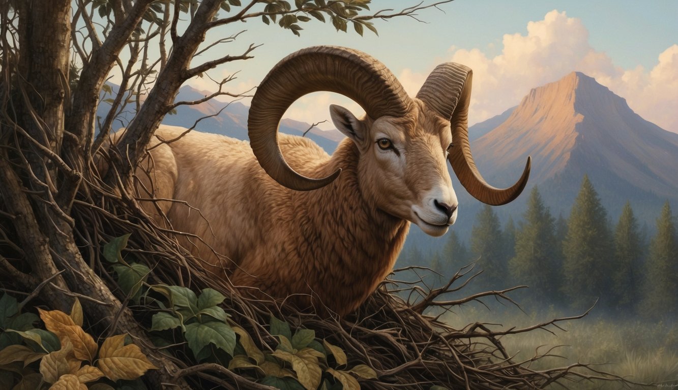 A ram caught in a thicket, its horns tangled, with a mountain in the background