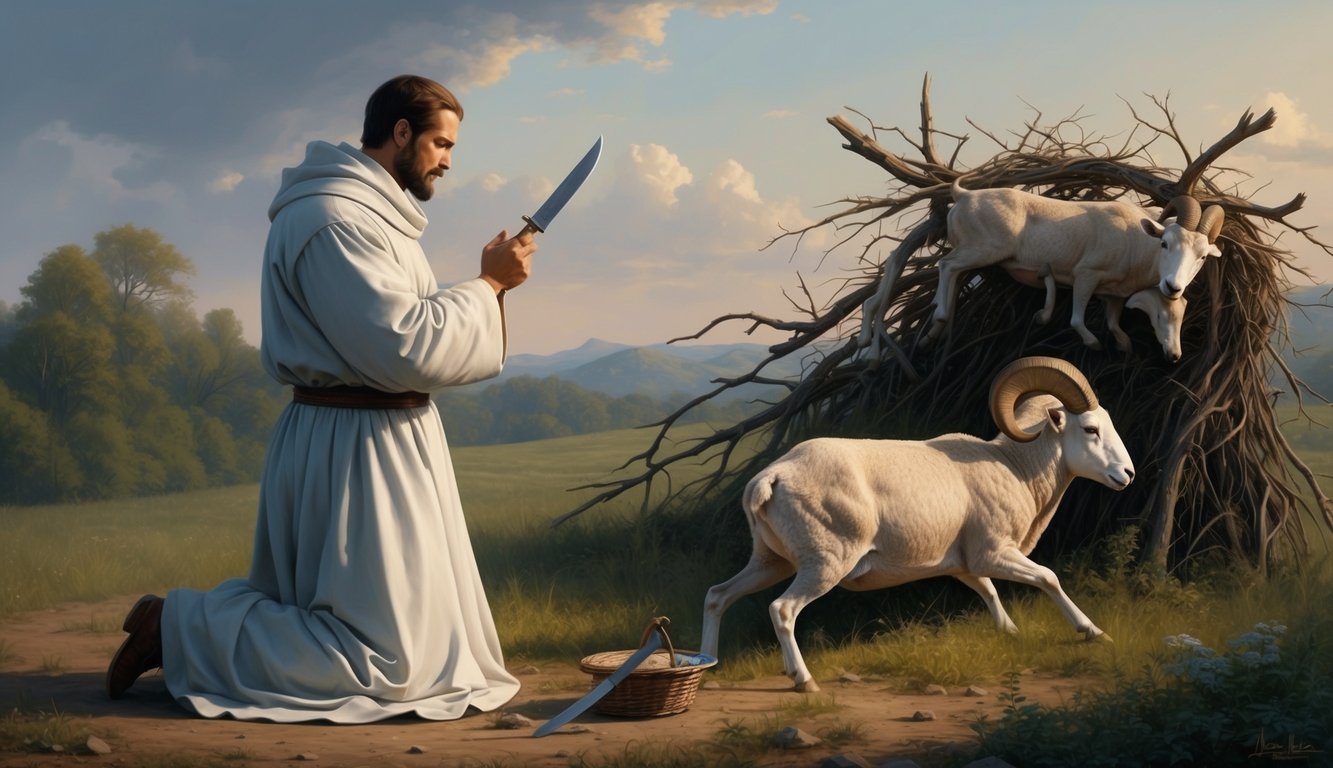 A figure kneeling in prayer, with a raised knife and a ram caught in a thicket nearby.</p><p>A sense of tension and sacrifice