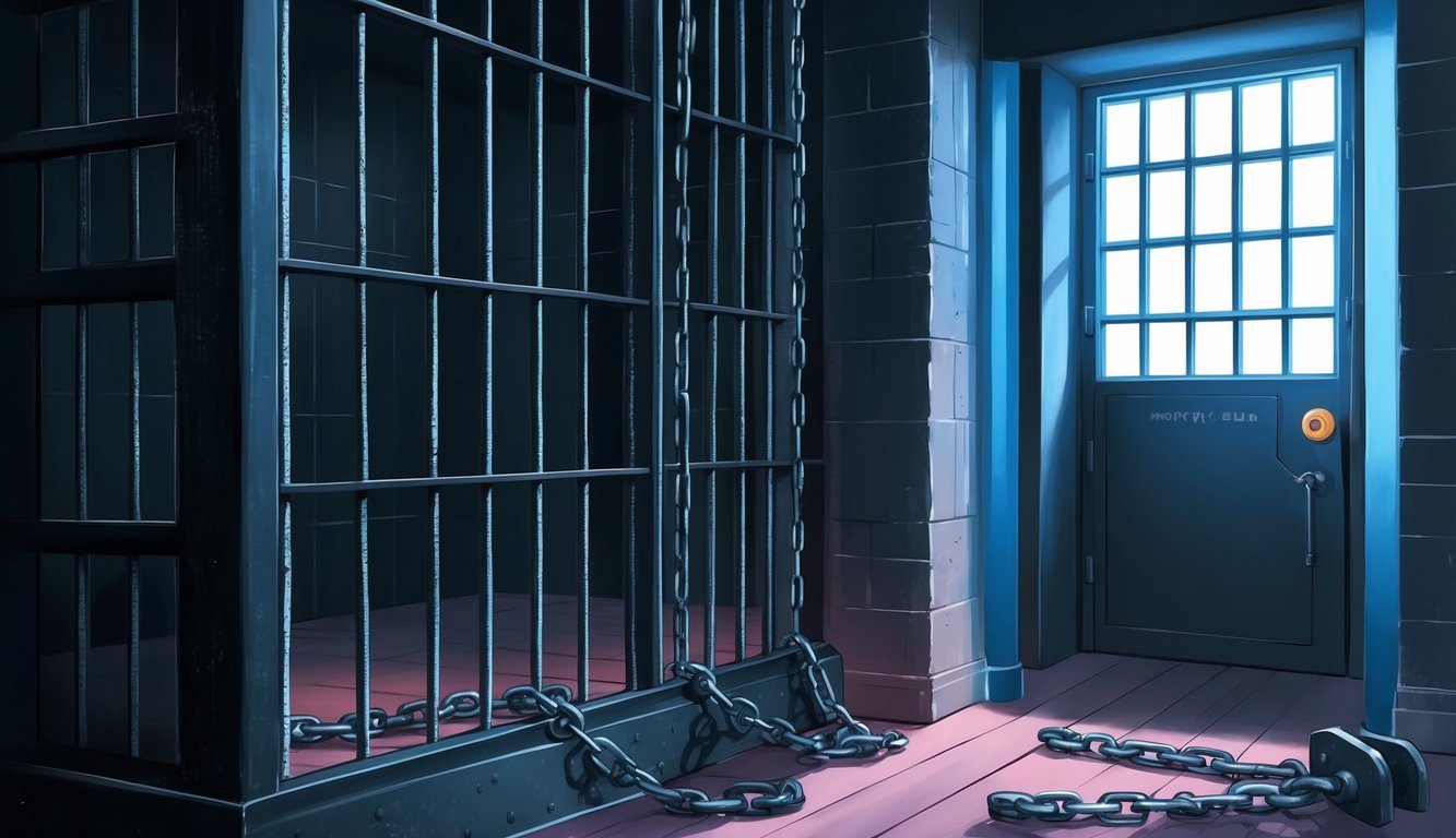 A dark prison cell with broken chains and a bright, open doorway