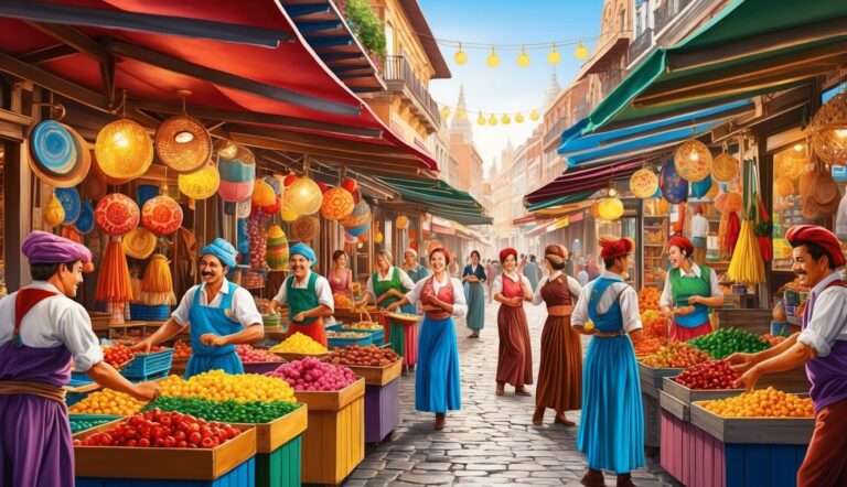 Colorful market scene with vendors, produce, and hanging lanterns in a European town