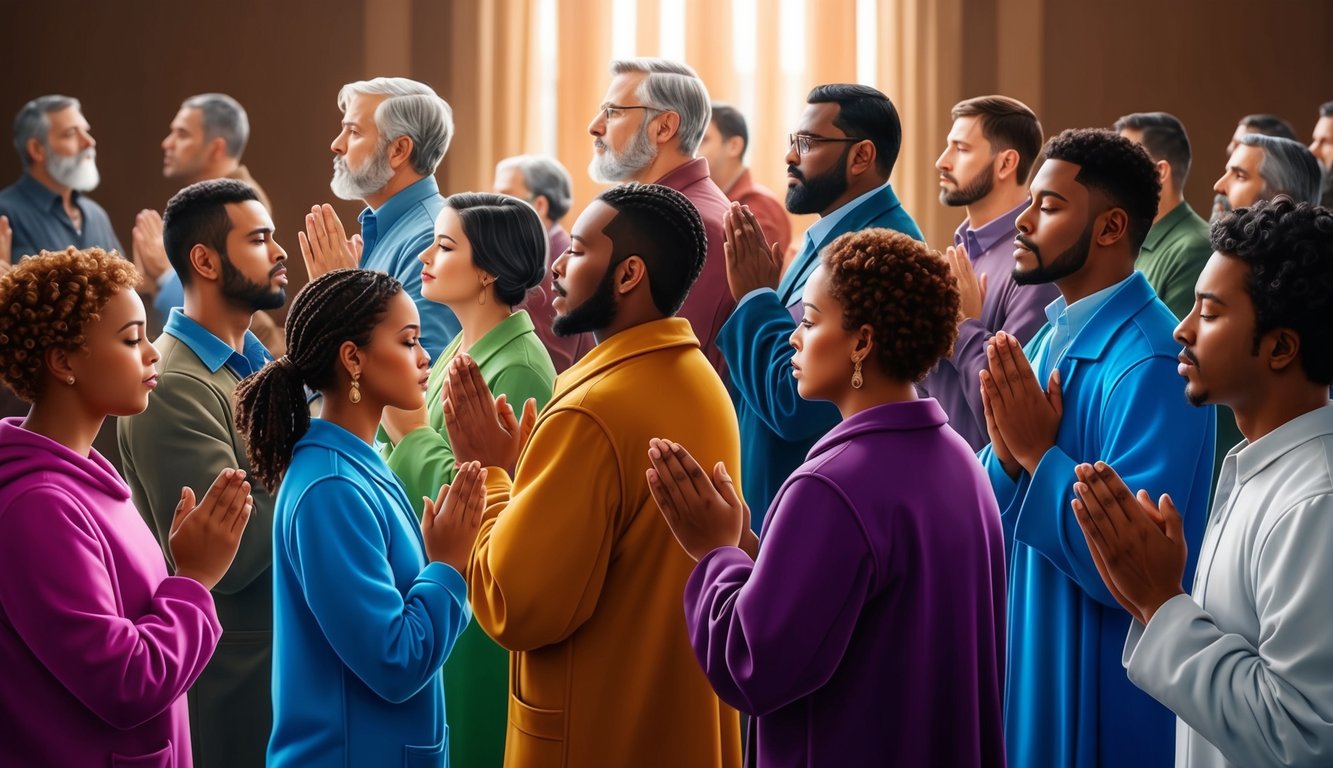 A group of believers praying together, with a sense of unity and strength in their faith