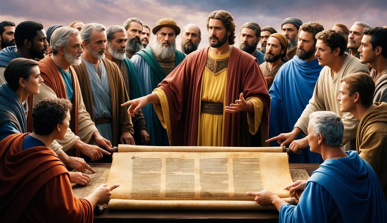 A group of people gathered around a scroll, pointing and discussing.</p><p>A figure stands in the center, addressing the crowd