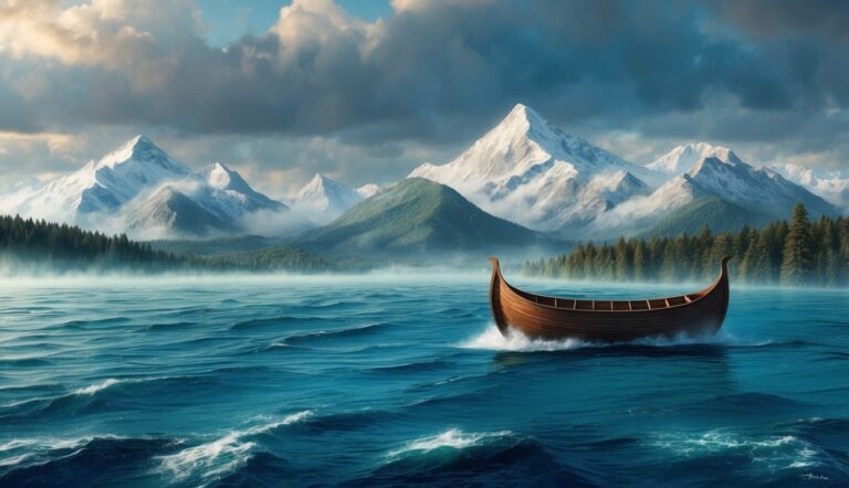 Wooden boat sails on a lake with snow-capped mountains in the background