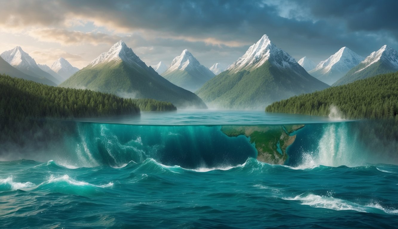 A great flood engulfs the earth, covering mountains and submerging all living creatures