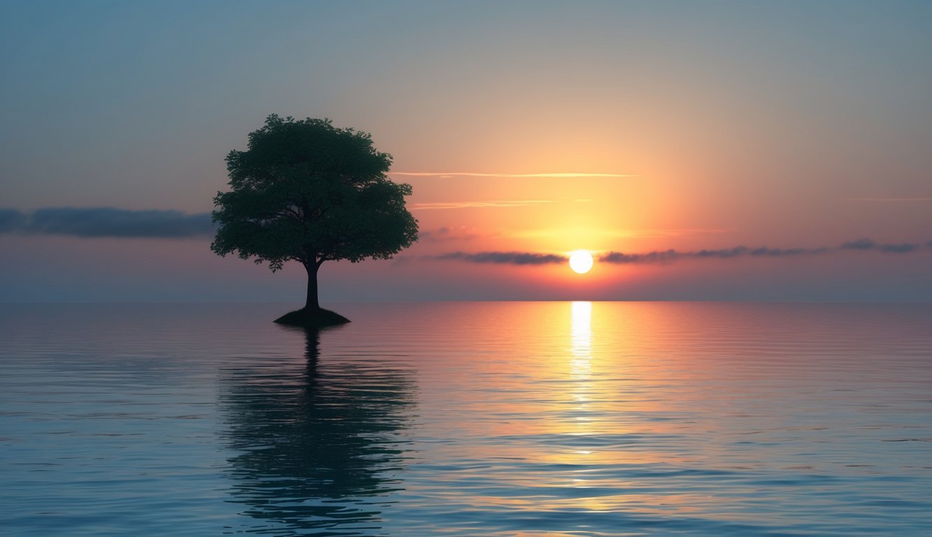 A sunrise over a calm sea, with a single tree on the horizon, symbolizing hope and new beginnings