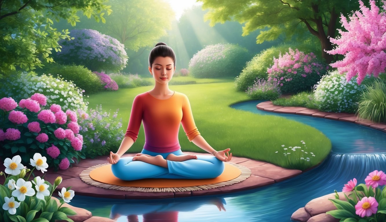 A serene person meditating in a peaceful garden, surrounded by blooming flowers and a calm stream