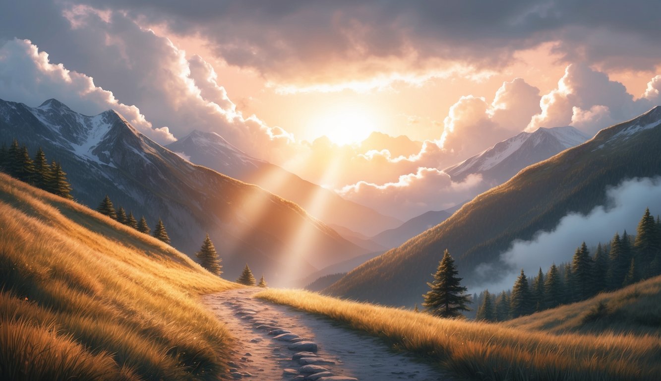 A serene mountain path with sunlight breaking through the clouds, casting a warm glow over the landscape