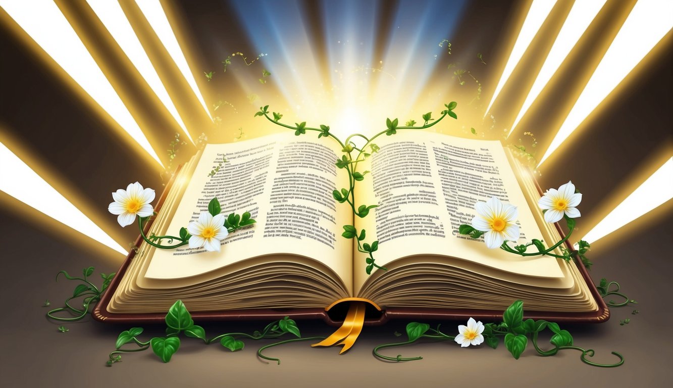 A glowing open book surrounded by beams of light, with flowers and vines growing from its pages, symbolizing hope and uplifting promises