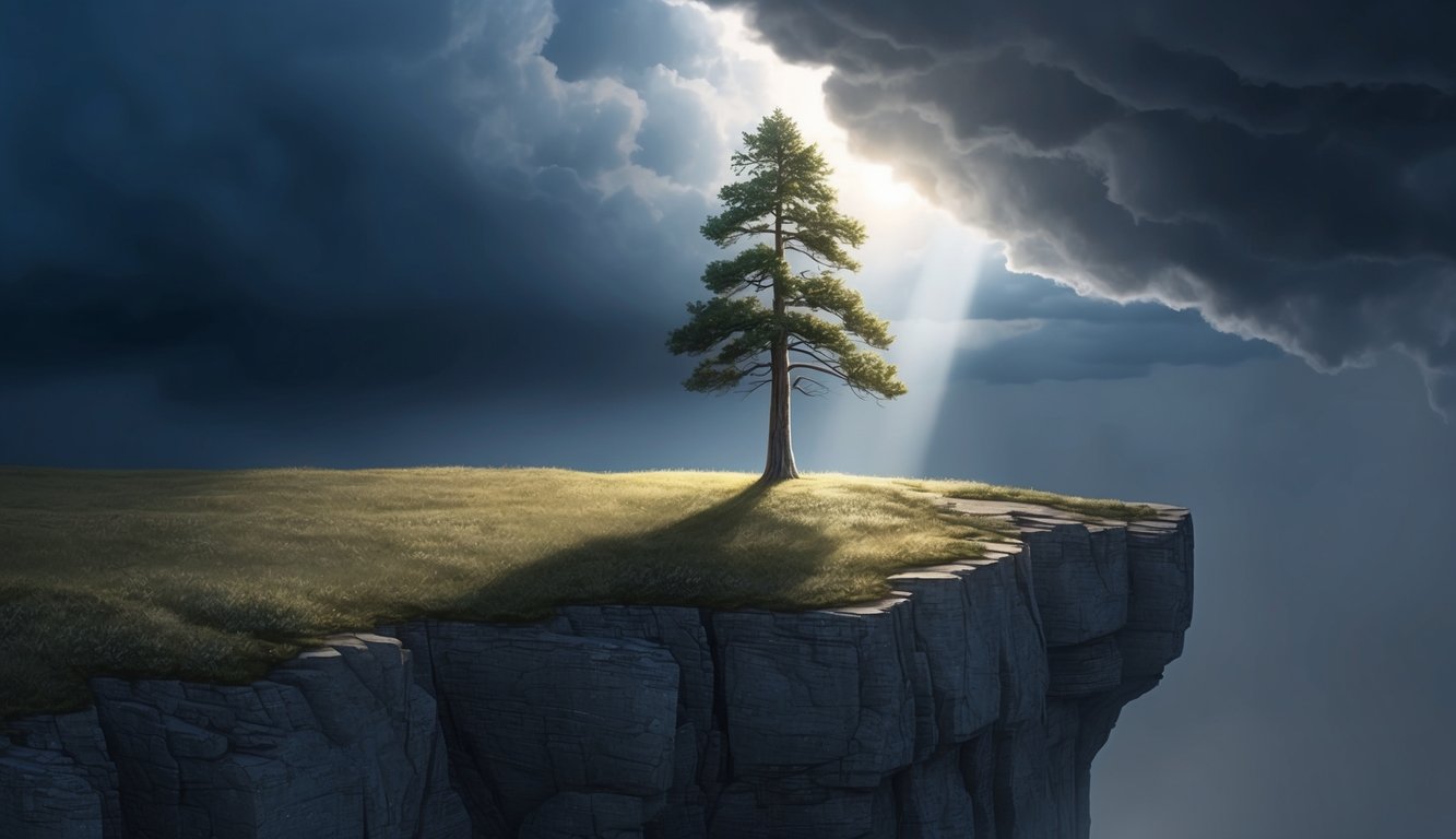 A lone tree standing tall on a rocky cliff, with storm clouds parting to reveal a ray of sunlight breaking through the darkness