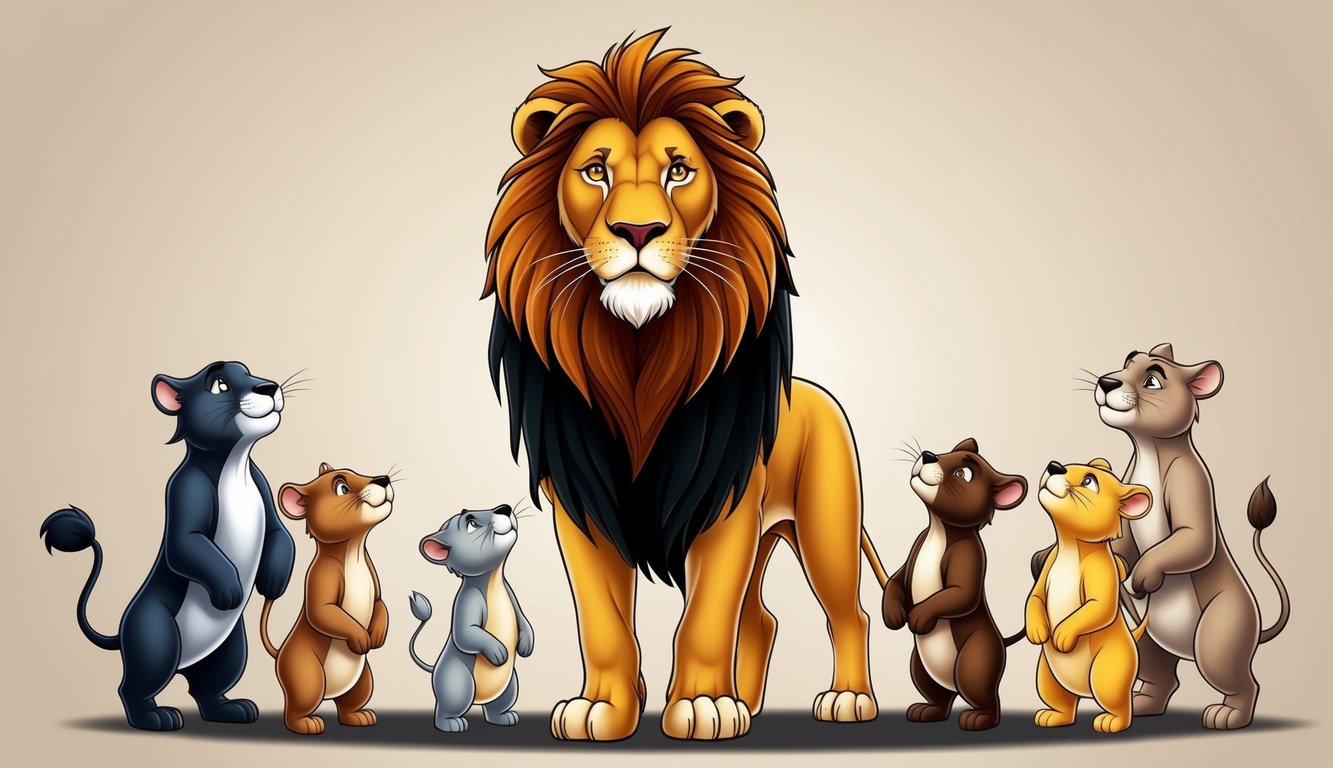 A lion standing confidently, with a bold and powerful stance, surrounded by a group of smaller animals looking up to it with admiration and respect