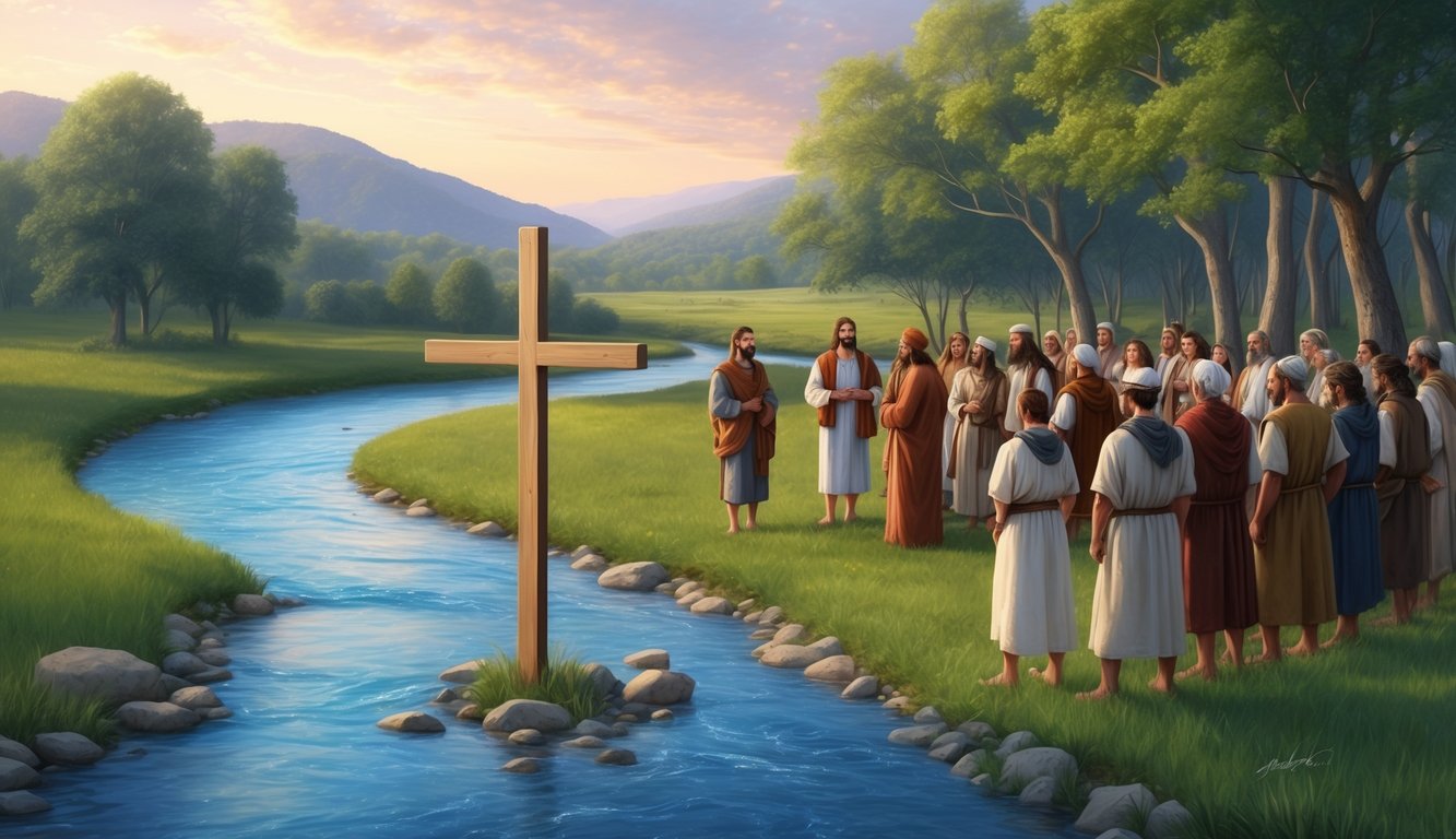 A serene landscape with a flowing river, a simple wooden cross, and a gathering of people in ancient clothing