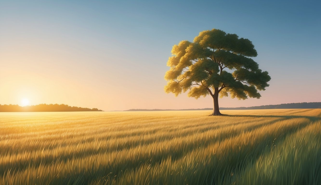 A serene, open field with a solitary tree, bathed in warm sunlight