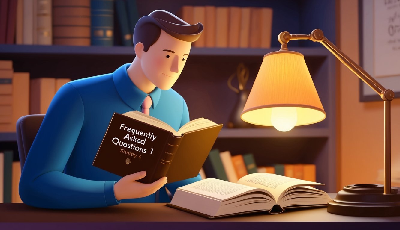 A figure reading a book with a title "Frequently Asked Questions 1 Timothy 6" in a cozy study with a warm lamp light